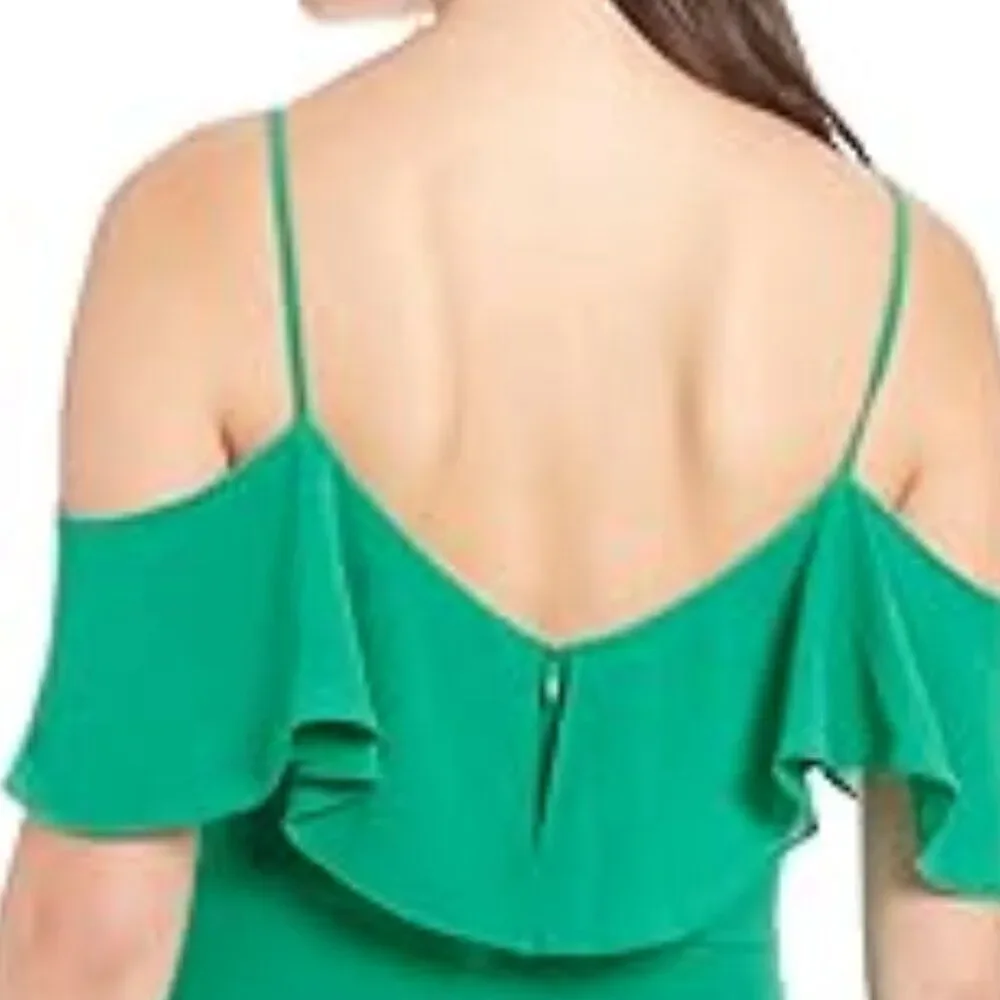 London Times dress green maxi off shoulder‎ ruffle high low holiday party 4